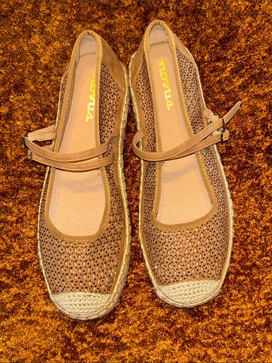Tula Shoes - Tula Brown Perforated Mary Jane Espadrille Flats